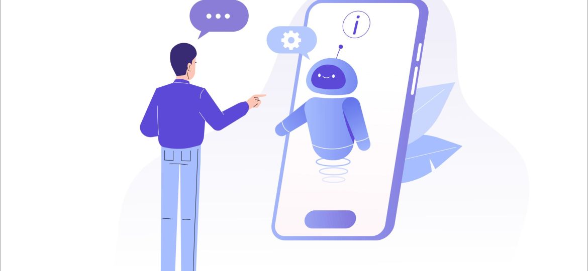Chatbot ai and customer service concept. Young man talking with chatbot in a big smartphone screen. Chat bot virtual assistant via messaging. Customer support. Helping. Vector isolated illustration