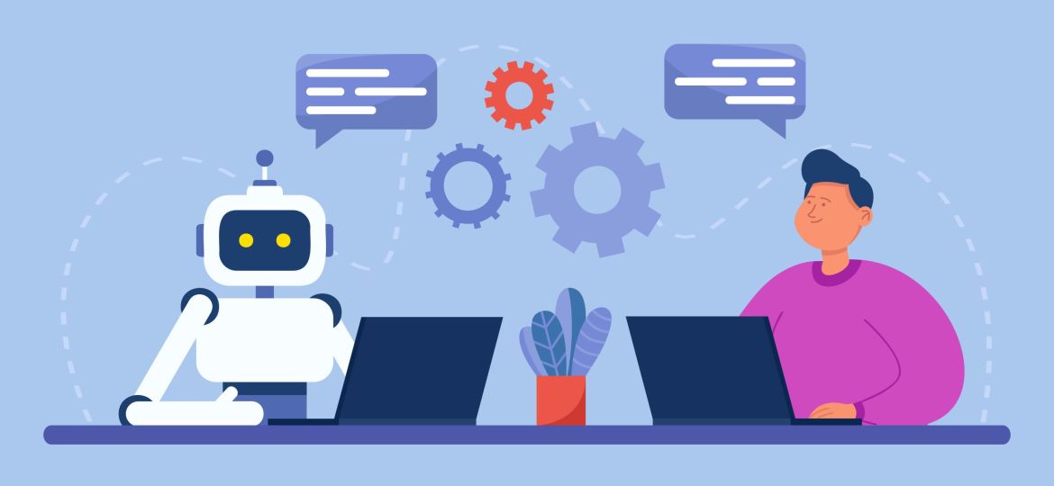 Man and robot with computers sitting together in workplace