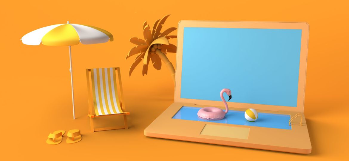 Summer vacation concept with laptop and pool. Online vacation bo